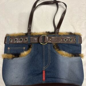 Y2K Hot Kiss Denim Tote with Fur Trim